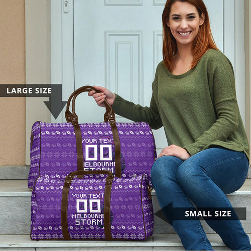Personalized Melbourne Storm Christmas Travel Bag Australian Rugby Fans - Pixelated Ugly Xmas Pattern Mascot Santa