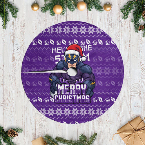 Melbourne Storm Christmas Tree Skirt Australian Rugby Fans - Pixelated Ugly Xmas Pattern Mascot Santa
