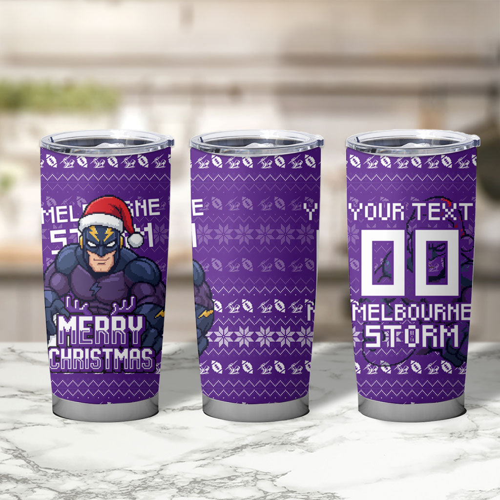 Personalized Melbourne Storm Christmas Tumbler Cup Australian Rugby Fans - Pixelated Ugly Xmas Pattern Mascot Santa