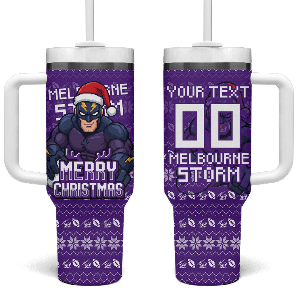 Personalized Melbourne Storm Christmas Tumbler With Handle Australian Rugby Fans - Pixelated Ugly Xmas Pattern Mascot Santa