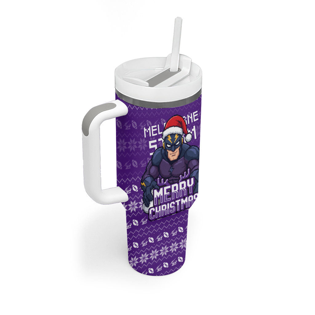 Personalized Melbourne Storm Christmas Tumbler With Handle Australian Rugby Fans - Pixelated Ugly Xmas Pattern Mascot Santa