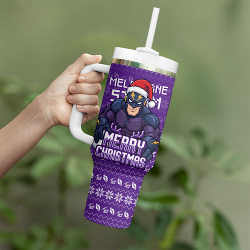 Personalized Melbourne Storm Christmas Tumbler With Handle Australian Rugby Fans - Pixelated Ugly Xmas Pattern Mascot Santa