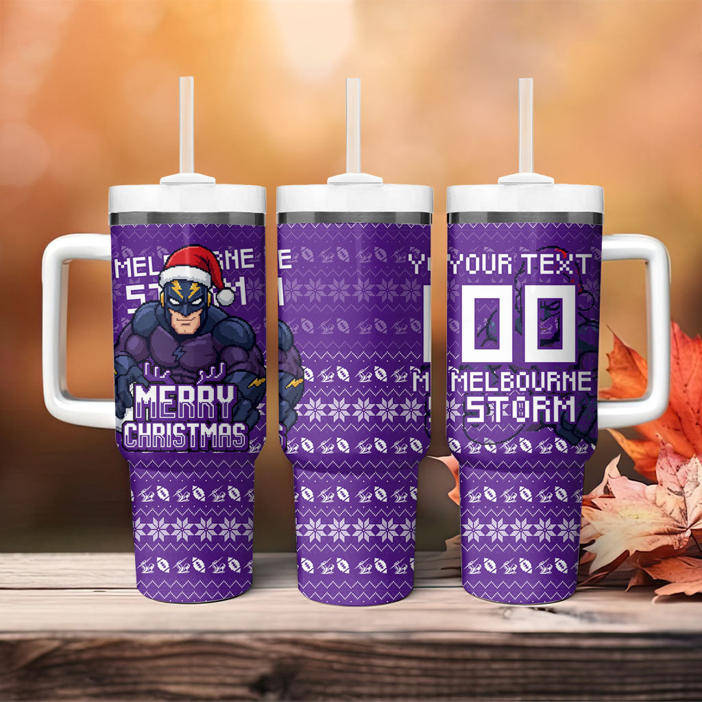 Personalized Melbourne Storm Christmas Tumbler With Handle Australian Rugby Fans - Pixelated Ugly Xmas Pattern Mascot Santa
