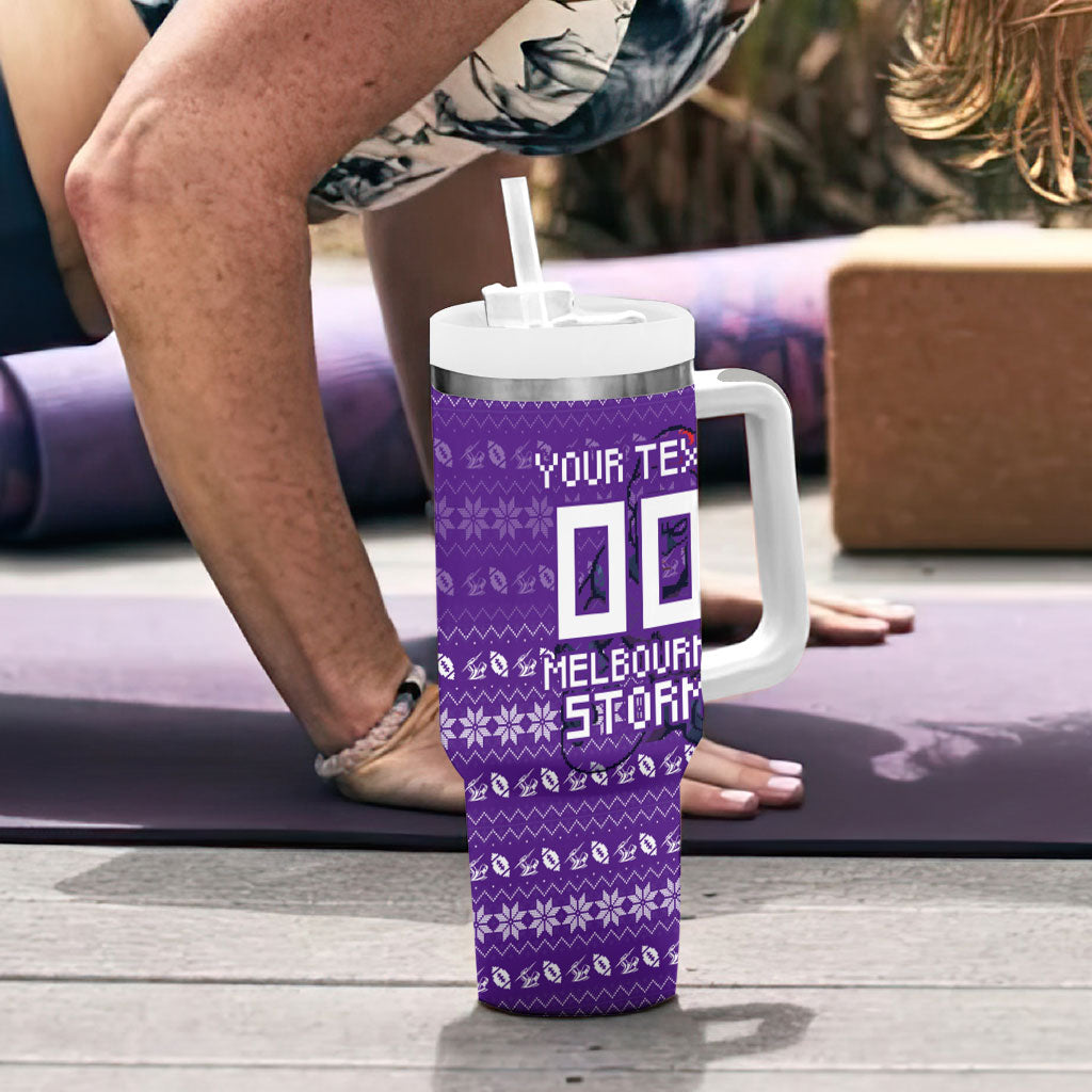 Personalized Melbourne Storm Christmas Tumbler With Handle Australian Rugby Fans - Pixelated Ugly Xmas Pattern Mascot Santa