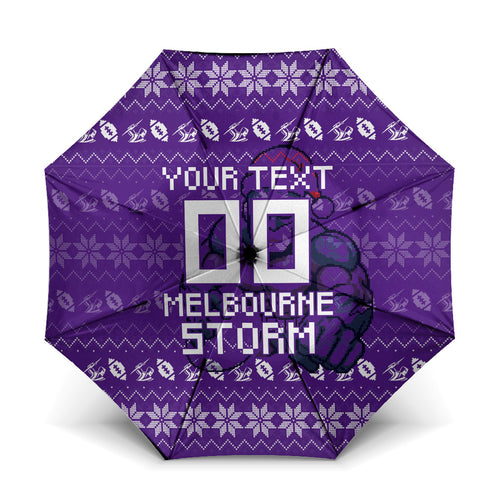 Personalized Melbourne Storm Christmas Umbrella Australian Rugby Fans - Pixelated Ugly Xmas Pattern Mascot Santa