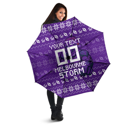Personalized Melbourne Storm Christmas Umbrella Australian Rugby Fans - Pixelated Ugly Xmas Pattern Mascot Santa