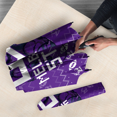 Personalized Melbourne Storm Christmas Umbrella Australian Rugby Fans - Pixelated Ugly Xmas Pattern Mascot Santa