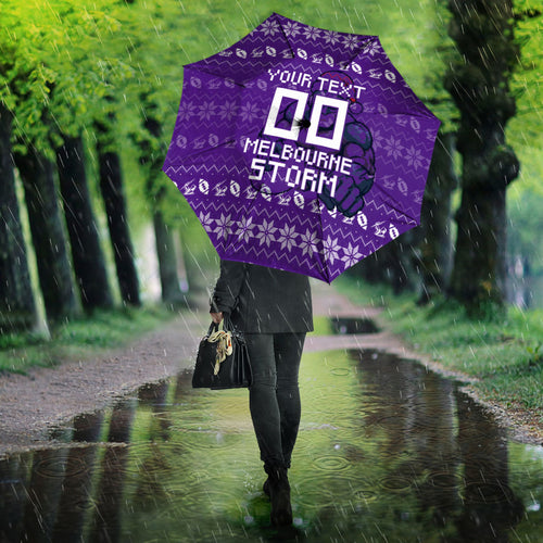 Personalized Melbourne Storm Christmas Umbrella Australian Rugby Fans - Pixelated Ugly Xmas Pattern Mascot Santa