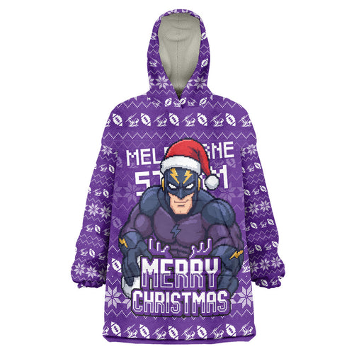 Personalized Melbourne Storm Christmas Wearable Blanket Hoodie Australian Rugby Fans - Pixelated Ugly Xmas Pattern Mascot Santa