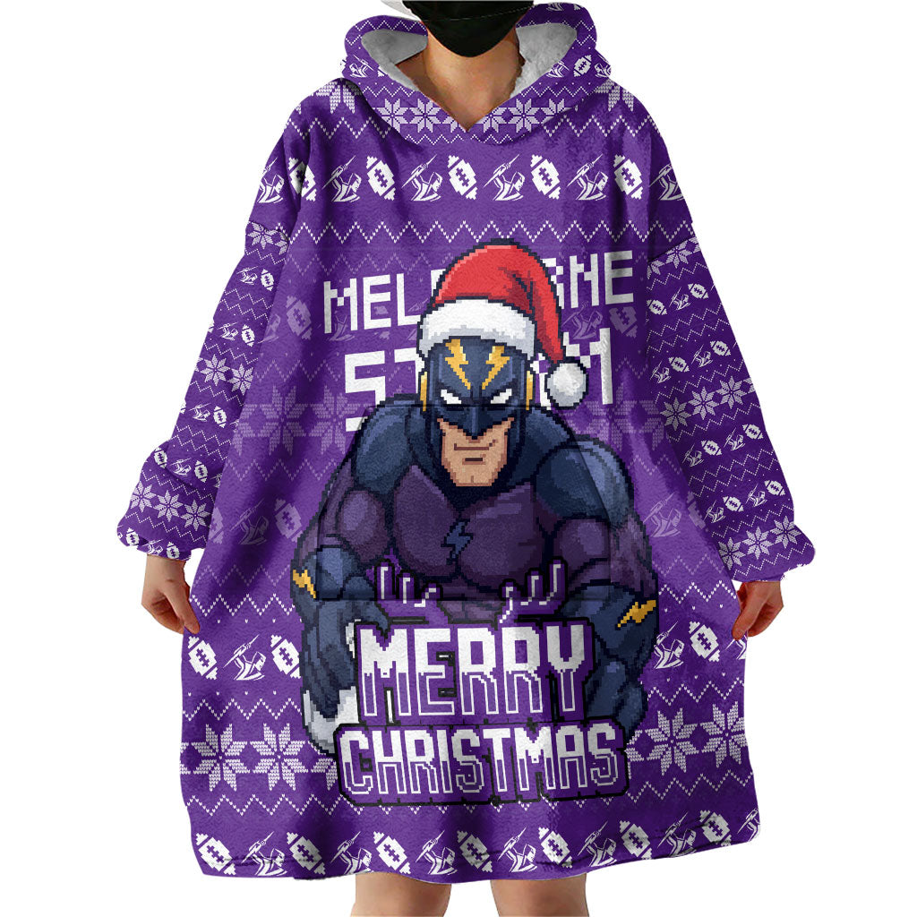 Personalized Melbourne Storm Christmas Wearable Blanket Hoodie Australian Rugby Fans - Pixelated Ugly Xmas Pattern Mascot Santa