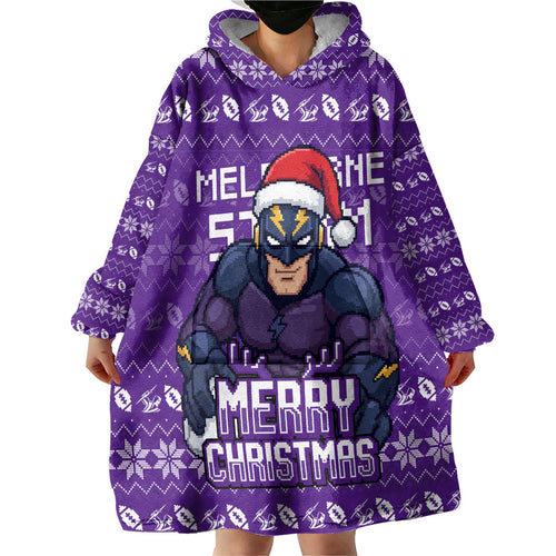 Personalized Melbourne Storm Christmas Wearable Blanket Hoodie Australian Rugby Fans - Pixelated Ugly Xmas Pattern Mascot Santa