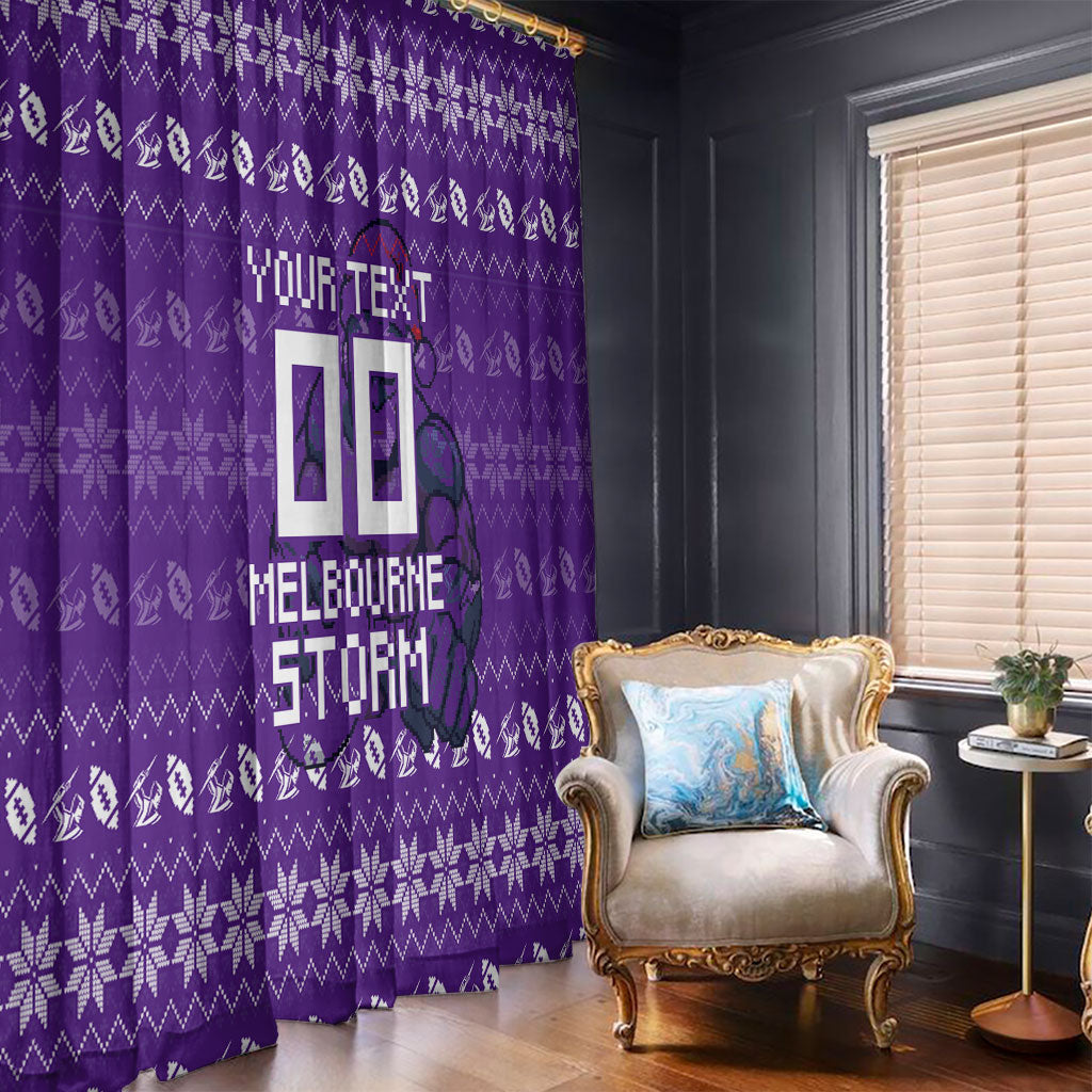 Personalized Melbourne Storm Christmas Window Curtain Australian Rugby Fans - Pixelated Ugly Xmas Pattern Mascot Santa