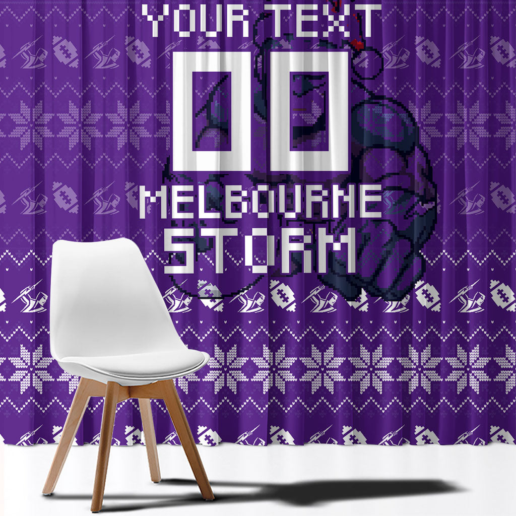 Personalized Melbourne Storm Christmas Window Curtain Australian Rugby Fans - Pixelated Ugly Xmas Pattern Mascot Santa