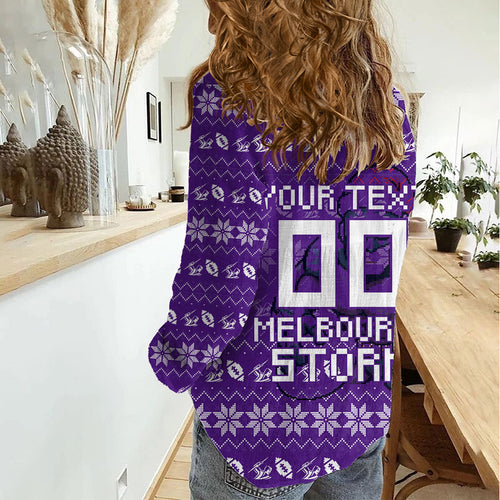 Personalized Melbourne Storm Christmas Women Casual Shirt Australian Rugby Fans - Pixelated Ugly Xmas Pattern Mascot Santa