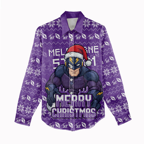 Personalized Melbourne Storm Christmas Women Casual Shirt Australian Rugby Fans - Pixelated Ugly Xmas Pattern Mascot Santa