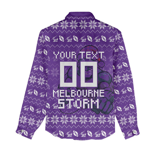 Personalized Melbourne Storm Christmas Women Casual Shirt Australian Rugby Fans - Pixelated Ugly Xmas Pattern Mascot Santa