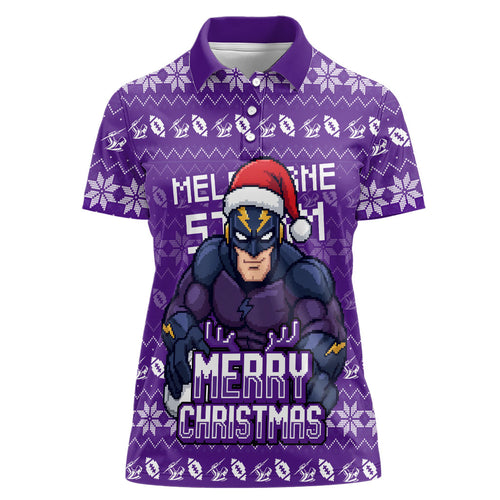 Personalized Melbourne Storm Christmas Women Polo Shirt Australian Rugby Fans - Pixelated Ugly Xmas Pattern Mascot Santa