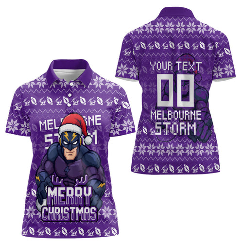 Personalized Melbourne Storm Christmas Women Polo Shirt Australian Rugby Fans - Pixelated Ugly Xmas Pattern Mascot Santa
