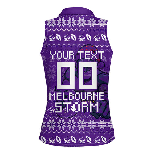 Personalized Melbourne Storm Christmas Women Sleeveless Polo Shirt Australian Rugby Fans - Pixelated Ugly Xmas Pattern Mascot Santa