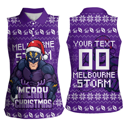 Personalized Melbourne Storm Christmas Women Sleeveless Polo Shirt Australian Rugby Fans - Pixelated Ugly Xmas Pattern Mascot Santa