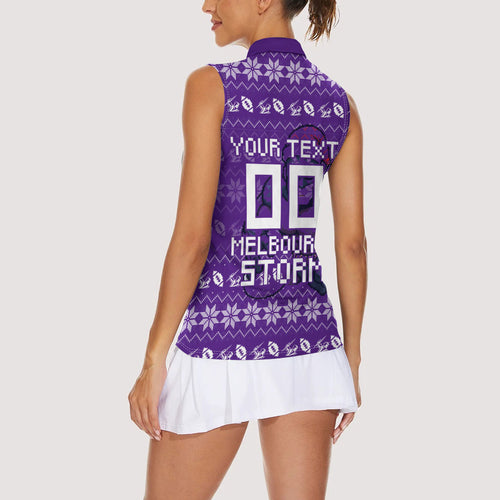 Personalized Melbourne Storm Christmas Women Sleeveless Polo Shirt Australian Rugby Fans - Pixelated Ugly Xmas Pattern Mascot Santa
