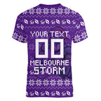 Personalized Melbourne Storm Christmas Women V-Neck T-Shirt Australian Rugby Fans - Pixelated Ugly Xmas Pattern Mascot Santa