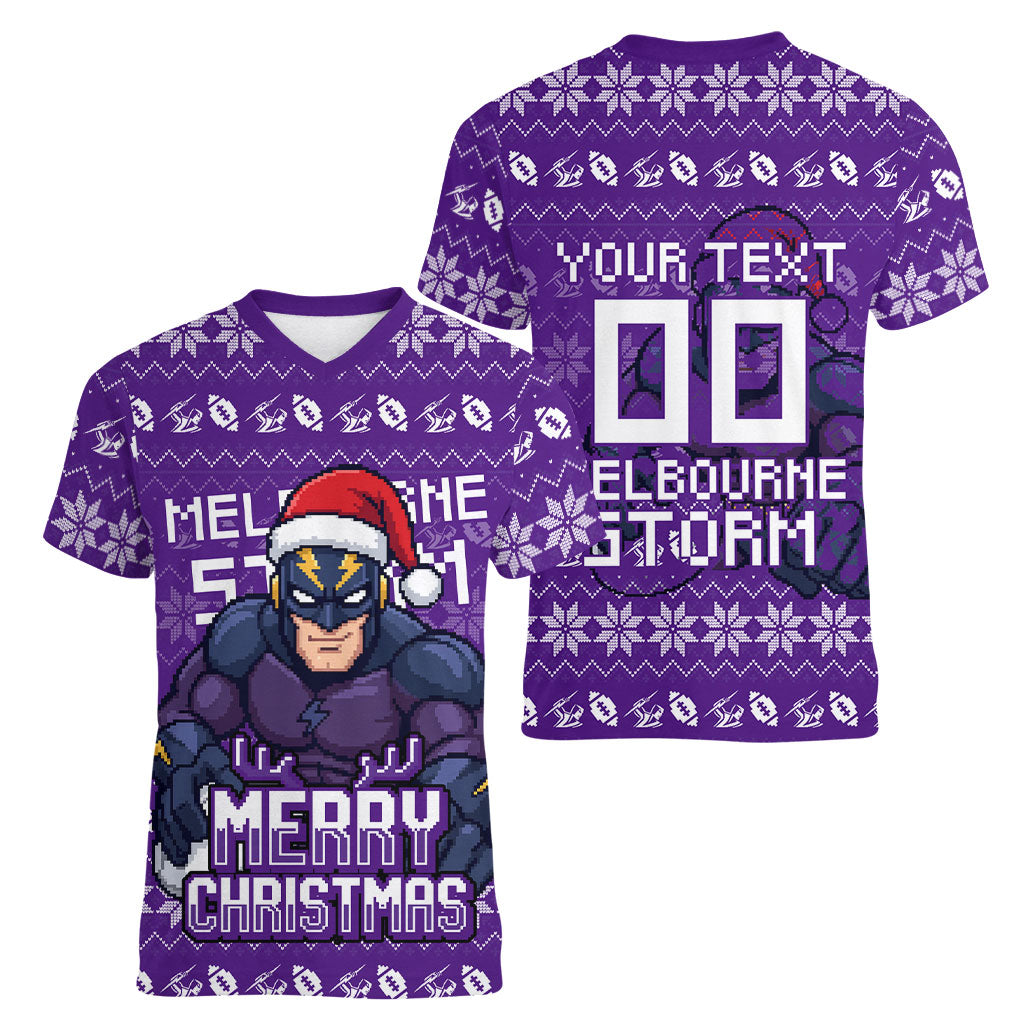 Personalized Melbourne Storm Christmas Women V-Neck T-Shirt Australian Rugby Fans - Pixelated Ugly Xmas Pattern Mascot Santa