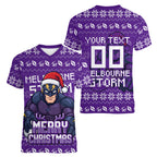 Personalized Melbourne Storm Christmas Women V-Neck T-Shirt Australian Rugby Fans - Pixelated Ugly Xmas Pattern Mascot Santa