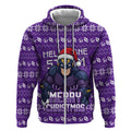Personalized Melbourne Storm Christmas Zip Hoodie Australian Rugby Fans - Pixelated Ugly Xmas Pattern Mascot Santa