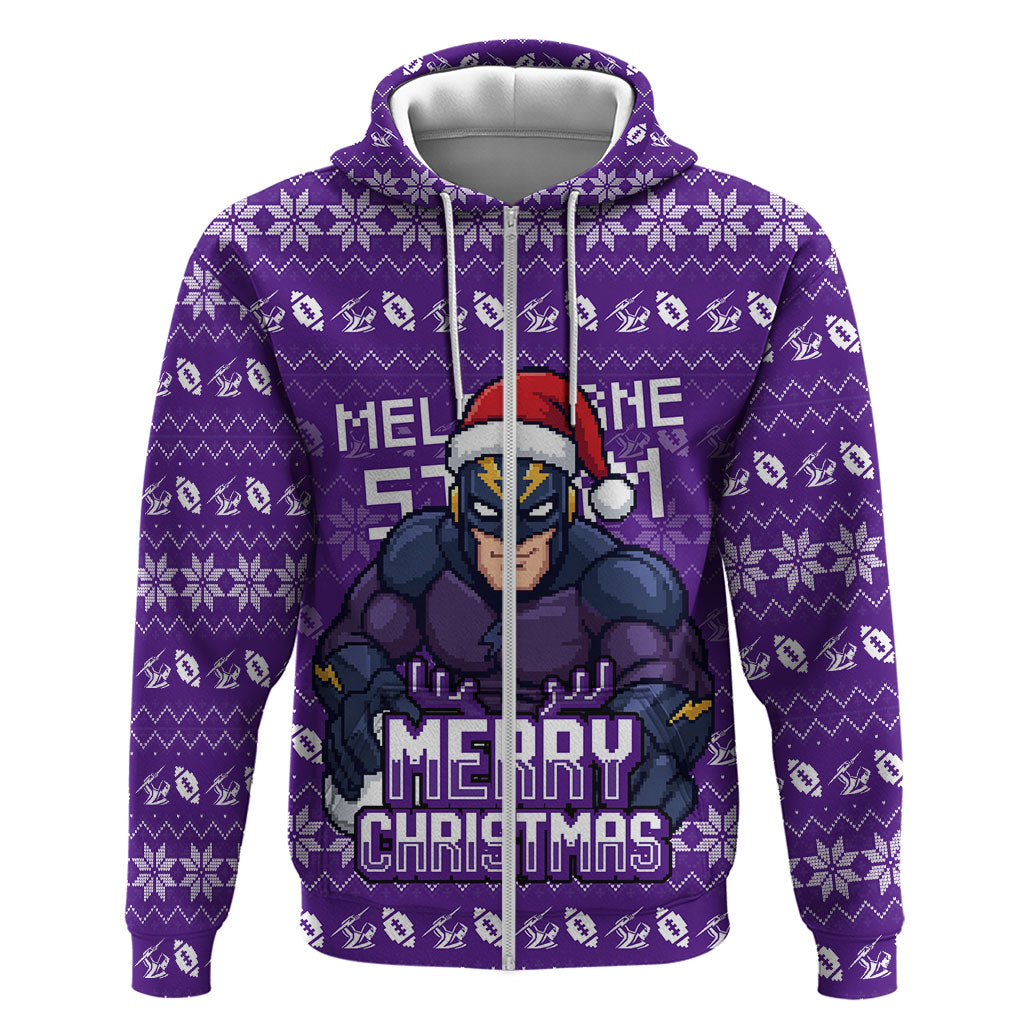 Personalized Melbourne Storm Christmas Zip Hoodie Australian Rugby Fans - Pixelated Ugly Xmas Pattern Mascot Santa