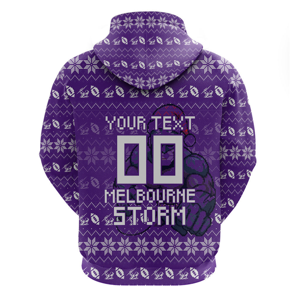 Personalized Melbourne Storm Christmas Zip Hoodie Australian Rugby Fans - Pixelated Ugly Xmas Pattern Mascot Santa