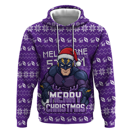 Personalized Melbourne Storm Christmas Zip Hoodie Australian Rugby Fans - Pixelated Ugly Xmas Pattern Mascot Santa