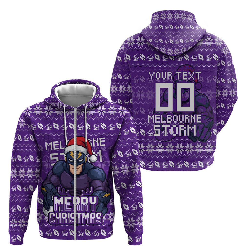 Personalized Melbourne Storm Christmas Zip Hoodie Australian Rugby Fans - Pixelated Ugly Xmas Pattern Mascot Santa