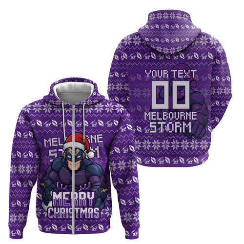 Personalized Melbourne Storm Christmas Zip Hoodie Australian Rugby Fans - Pixelated Ugly Xmas Pattern Mascot Santa