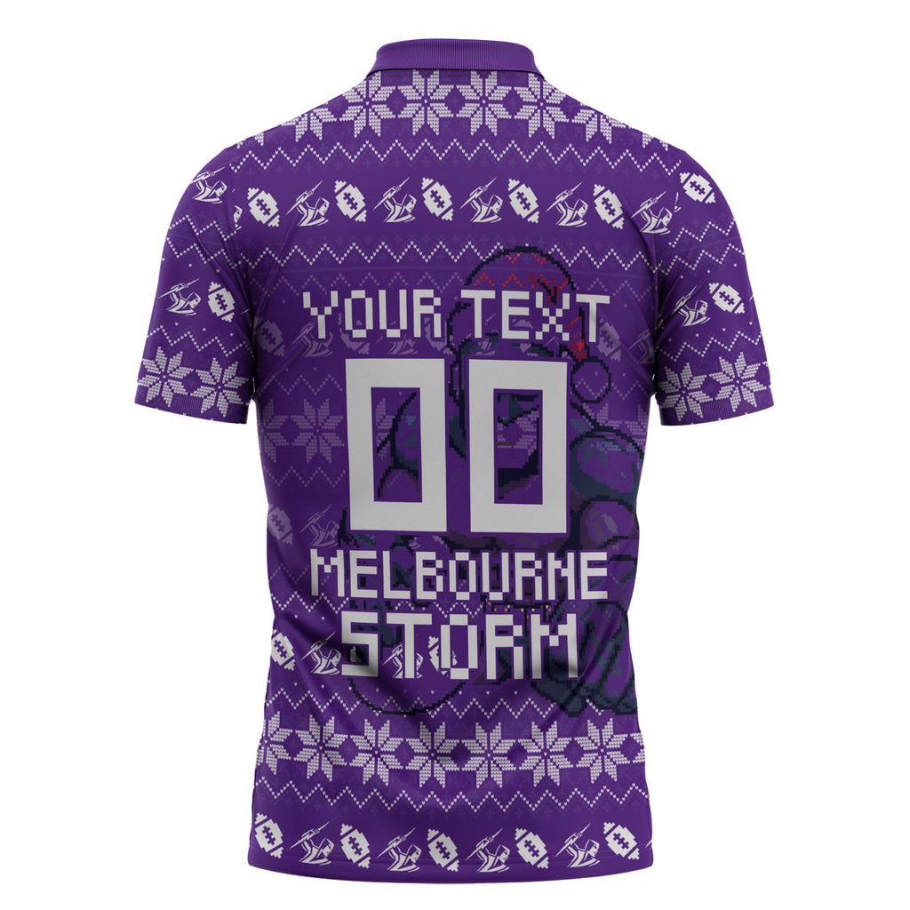 Personalized Melbourne Storm Christmas Zipper Polo Shirt Australian Rugby Fans - Pixelated Ugly Xmas Pattern Mascot Santa