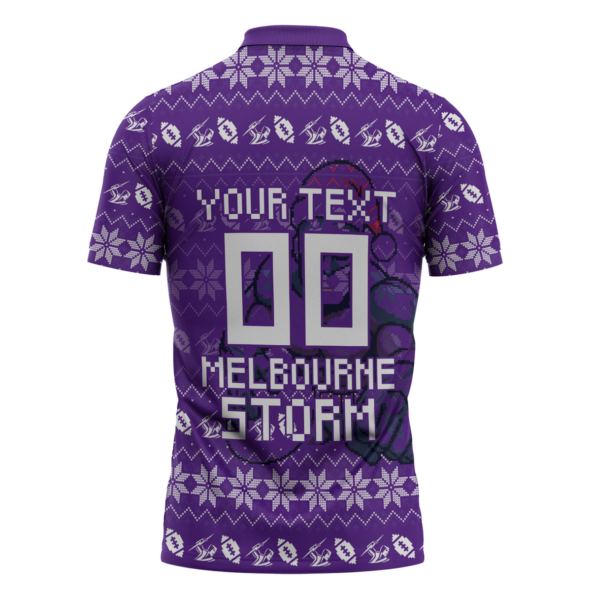 Personalized Melbourne Storm Christmas Zipper Polo Shirt Australian Rugby Fans - Pixelated Ugly Xmas Pattern Mascot Santa