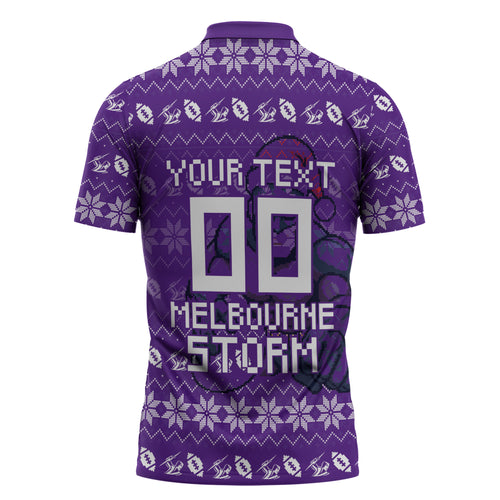 Personalized Melbourne Storm Christmas Zipper Polo Shirt Australian Rugby Fans - Pixelated Ugly Xmas Pattern Mascot Santa