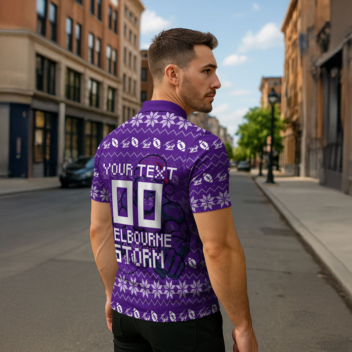 Personalized Melbourne Storm Christmas Zipper Polo Shirt Australian Rugby Fans - Pixelated Ugly Xmas Pattern Mascot Santa
