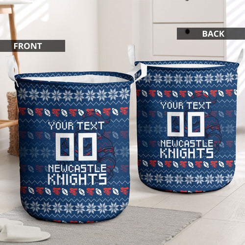 Personalized Newcastle Knights Christmas Laundry Basket Australian Rugby Fans - Pixelated Ugly Xmas Pattern Mascot Santa