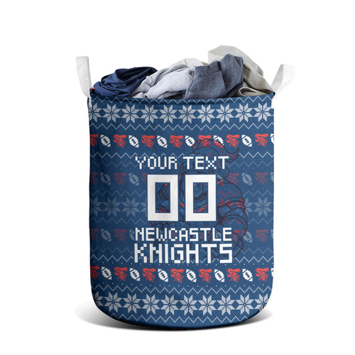 Personalized Newcastle Knights Christmas Laundry Basket Australian Rugby Fans - Pixelated Ugly Xmas Pattern Mascot Santa