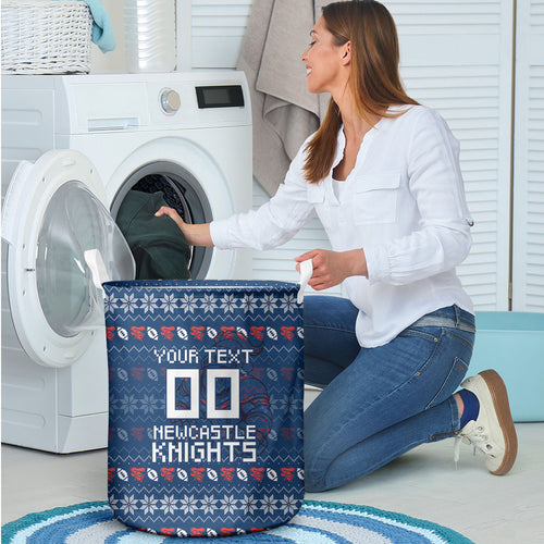 Personalized Newcastle Knights Christmas Laundry Basket Australian Rugby Fans - Pixelated Ugly Xmas Pattern Mascot Santa