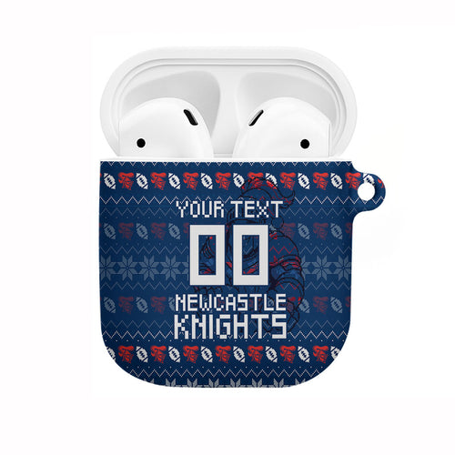 Personalized Newcastle Knights Christmas AirPods Case Australian Rugby Fans - Pixelated Ugly Xmas Pattern Mascot Santa