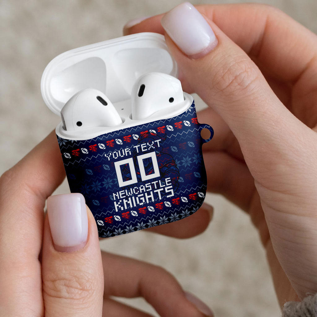 Personalized Newcastle Knights Christmas AirPods Case Australian Rugby Fans - Pixelated Ugly Xmas Pattern Mascot Santa