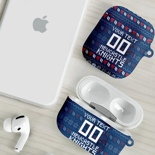 Personalized Newcastle Knights Christmas AirPods Case Australian Rugby Fans - Pixelated Ugly Xmas Pattern Mascot Santa