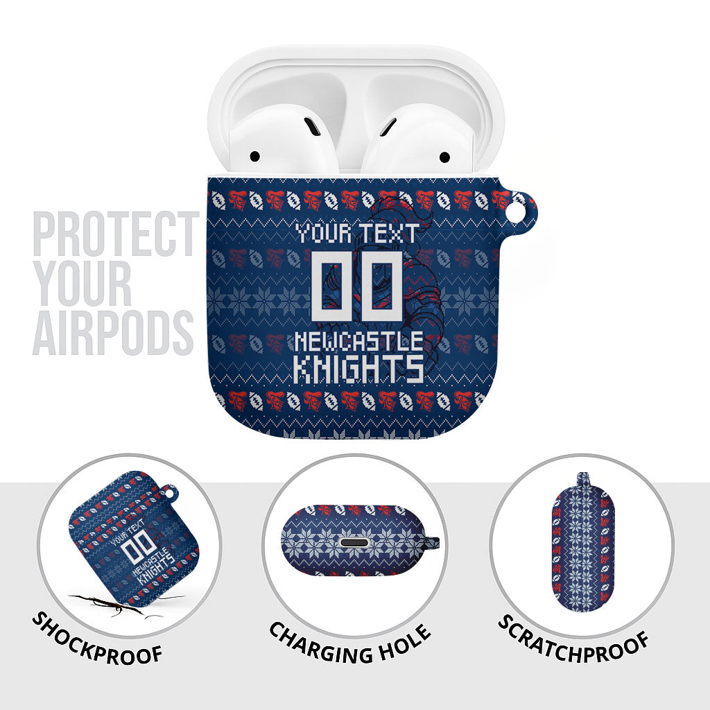 Personalized Newcastle Knights Christmas AirPods Case Australian Rugby Fans - Pixelated Ugly Xmas Pattern Mascot Santa