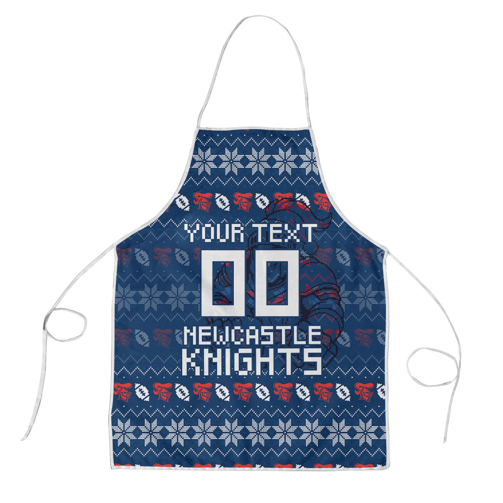 Personalized Newcastle Knights Christmas Apron Australian Rugby Fans - Pixelated Ugly Xmas Pattern Mascot Santa