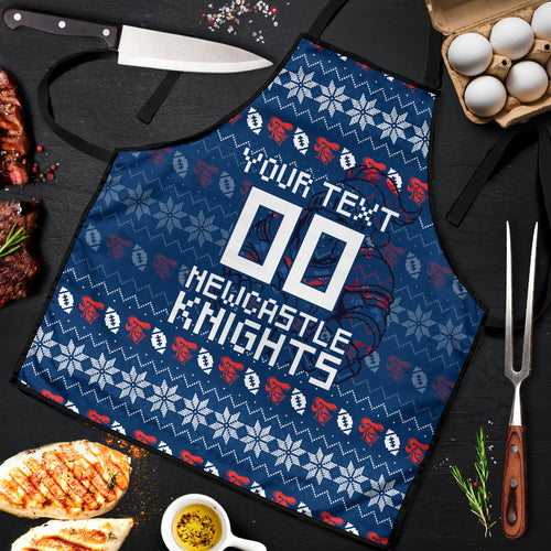 Personalized Newcastle Knights Christmas Apron Australian Rugby Fans - Pixelated Ugly Xmas Pattern Mascot Santa