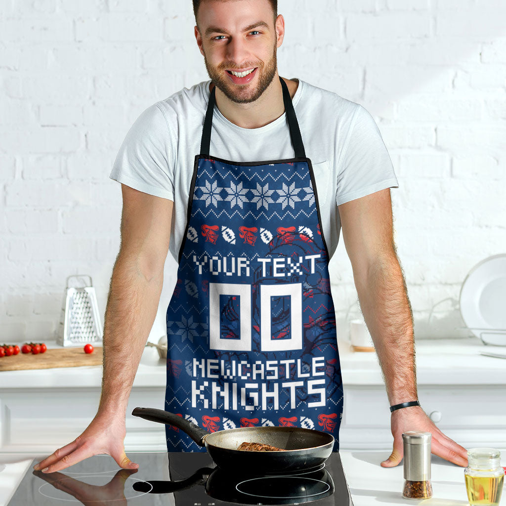 Personalized Newcastle Knights Christmas Apron Australian Rugby Fans - Pixelated Ugly Xmas Pattern Mascot Santa