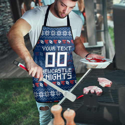 Personalized Newcastle Knights Christmas Apron Australian Rugby Fans - Pixelated Ugly Xmas Pattern Mascot Santa