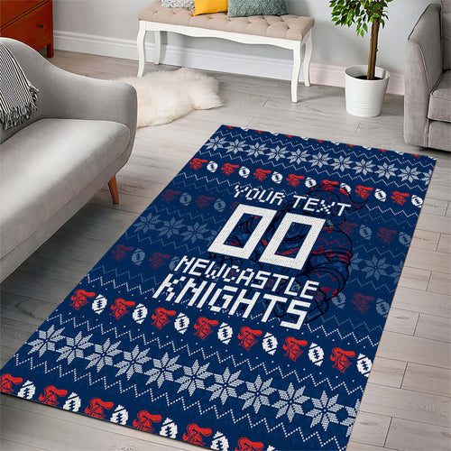 Personalized Newcastle Knights Christmas Area Rug Australian Rugby Fans - Pixelated Ugly Xmas Pattern Mascot Santa